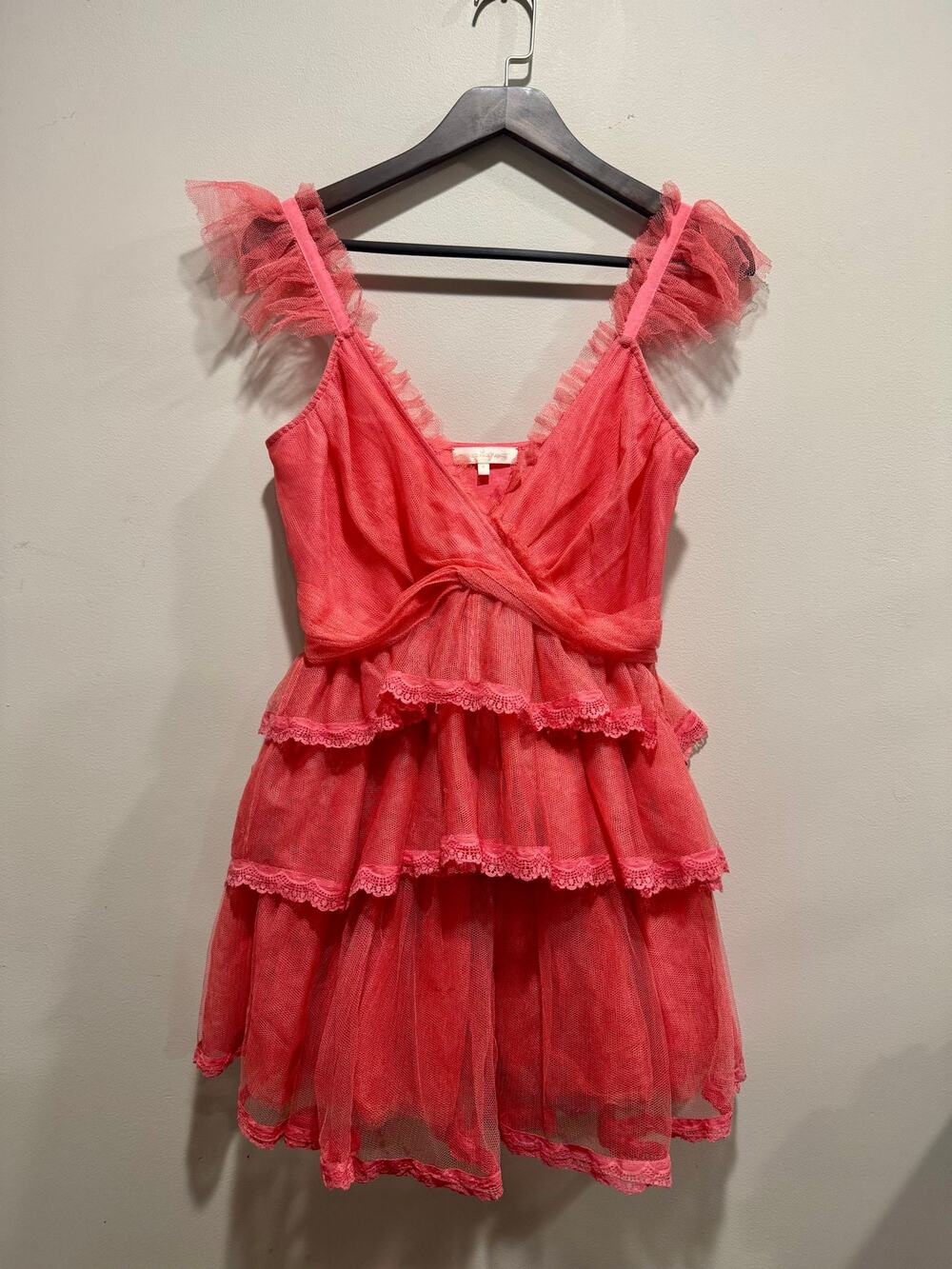 LoveShackFancy Zorina Pink Passion Tulle Ruffle Mini Dress Size 4